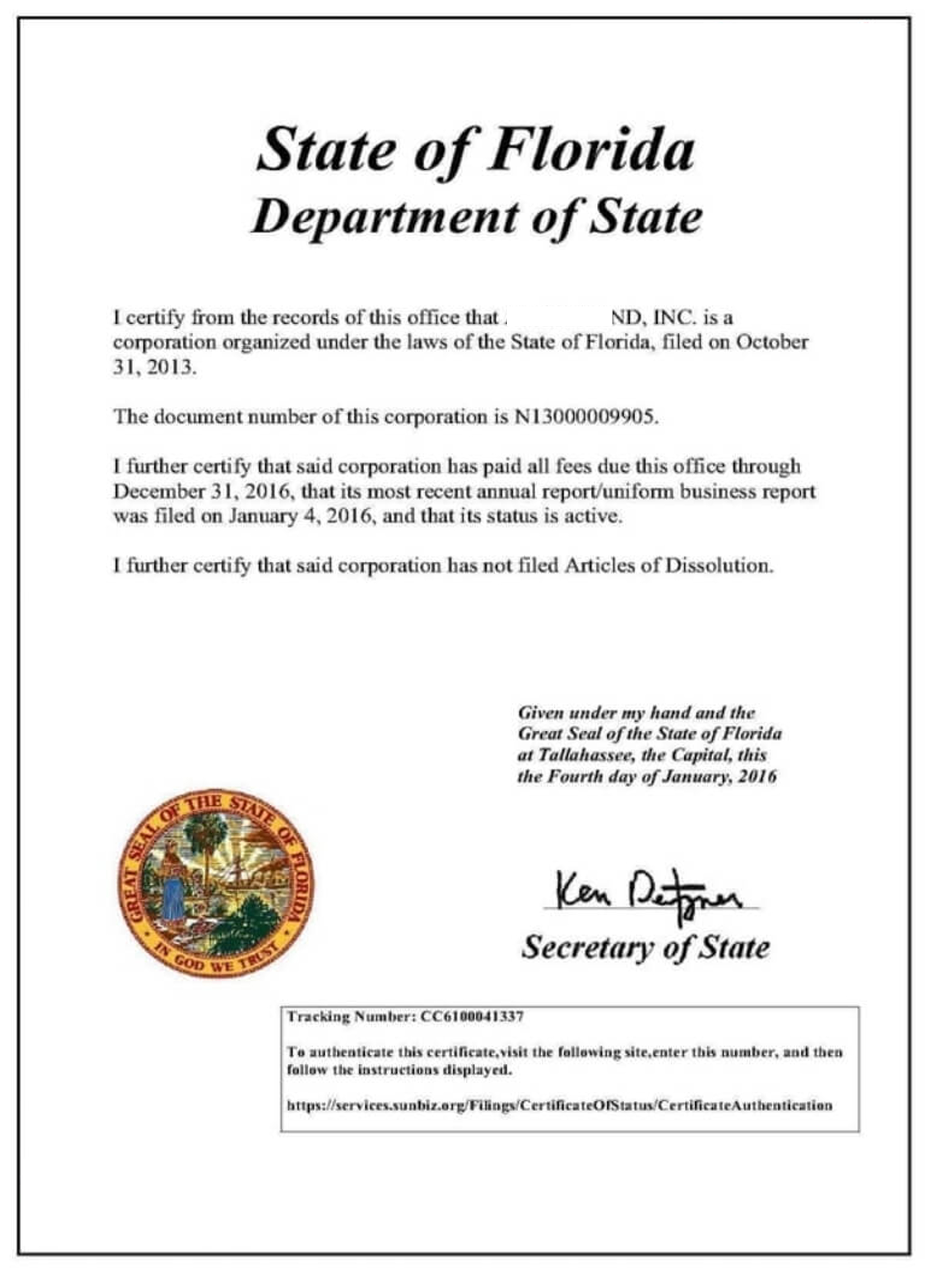 USA Florida certificate of good standing